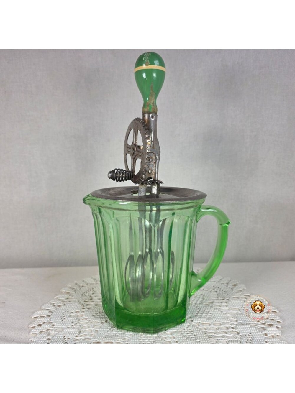 A & J Uranium Glass Hand Crank Beater Mixer Jar Green Vaseline Glass Patent Appl